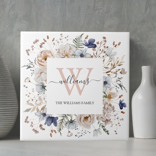 Elegant Monogram Pretty Beige Blue Flowers Floral タイル