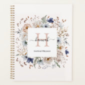 Elegant Monogram Pretty Beige Blue Flowers Floral プランナー手帳 (正面)