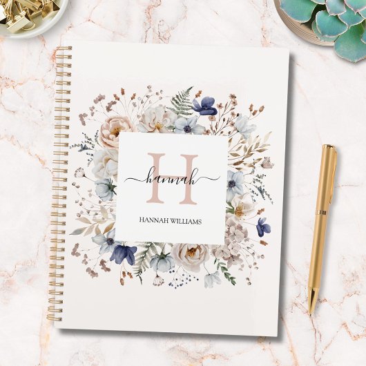 Elegant Monogram Pretty Beige Blue Flowers Floral プランナー手帳