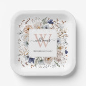 Elegant Monogram Pretty Beige Blue Flowers Floral ペーパープレート (正面)