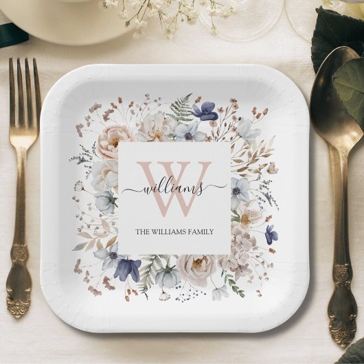 Elegant Monogram Pretty Beige Blue Flowers Floral ペーパープレート