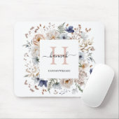 Elegant Monogram Pretty Beige Blue Flowers Floral マウスパッド (マウス)