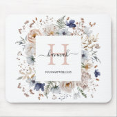 Elegant Monogram Pretty Beige Blue Flowers Floral マウスパッド (正面)