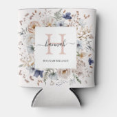 Elegant Monogram Pretty Beige Blue Flowers Floral 缶クーラー (正面)