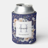 Elegant Monogram Pretty Beige Blue Flowers Floral 缶クーラー (缶正面)