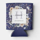 Elegant Monogram Pretty Beige Blue Flowers Floral 缶クーラー (正面)