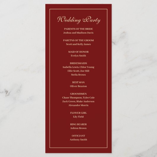 Elegant Monogram Script Wine Red Wedding Ceremony プログラム (裏面)