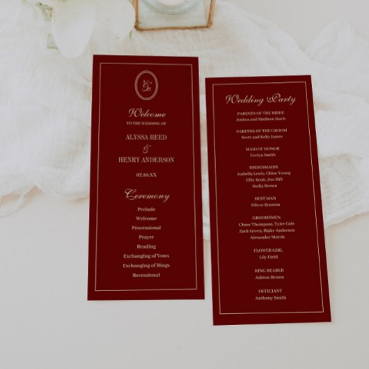Elegant Monogram Script Wine Red Wedding Ceremony プログラム