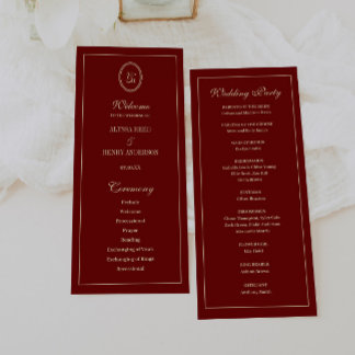 Elegant Monogram Script Wine Red Wedding Ceremony プログラム