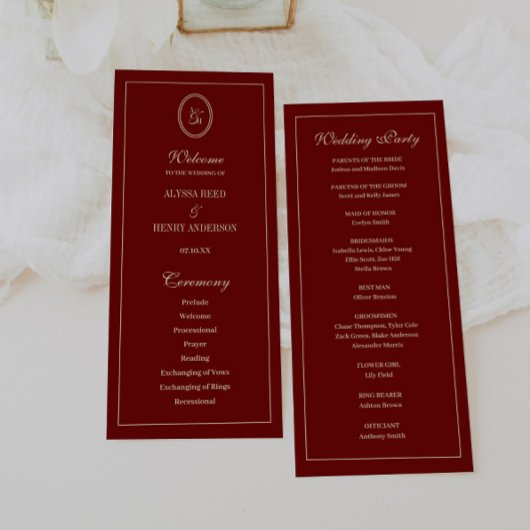 Elegant Monogram Script Wine Red Wedding Ceremony プログラム