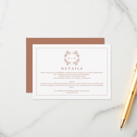 Elegant Monogram Terracota Wedding Details エンクロージャーカード (正面/裏面インサイチュ)