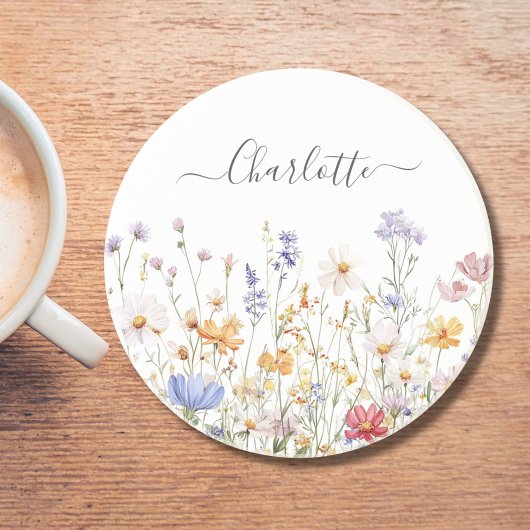 Elegant Monogram Watercolor Colorful Wildflower コースター