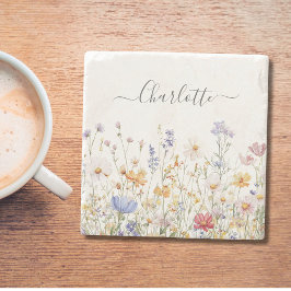 Elegant Monogram Watercolor Colorful Wildflower ストーンコースター