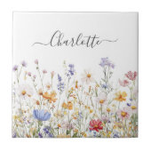 Elegant Monogram Watercolor Colorful Wildflower タイル (正面)