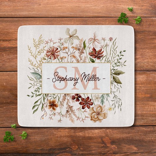 Elegant Monogram Watercolor Fall Wildflower Floral カッティングボード