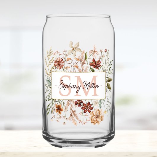 Elegant Monogram Watercolor Fall Wildflower Floral ガラス缶