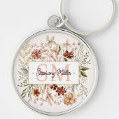Elegant Monogram Watercolor Fall Wildflower Floral キーホルダー (正面)