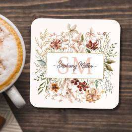 Elegant Monogram Watercolor Fall Wildflower Floral コースター