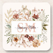 Elegant Monogram Watercolor Fall Wildflower Floral コースター (正面)