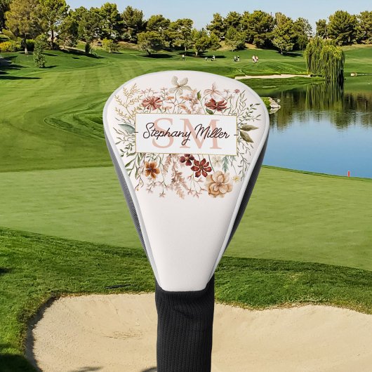 Elegant Monogram Watercolor Fall Wildflower Floral ゴルフヘッドカバー