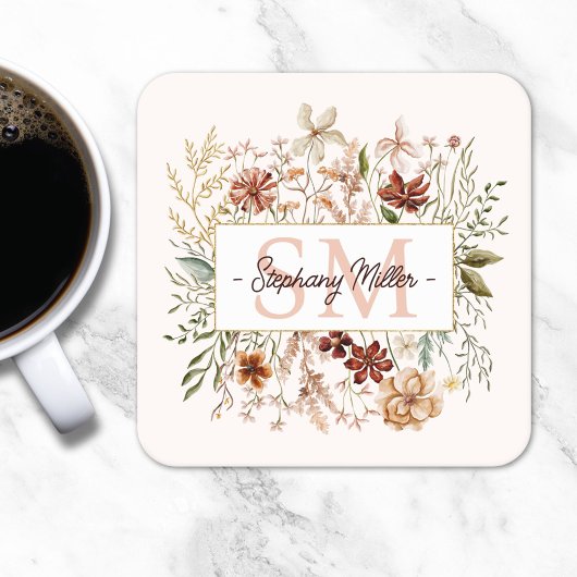 Elegant Monogram Watercolor Fall Wildflower Floral スクエアペーパーコースター