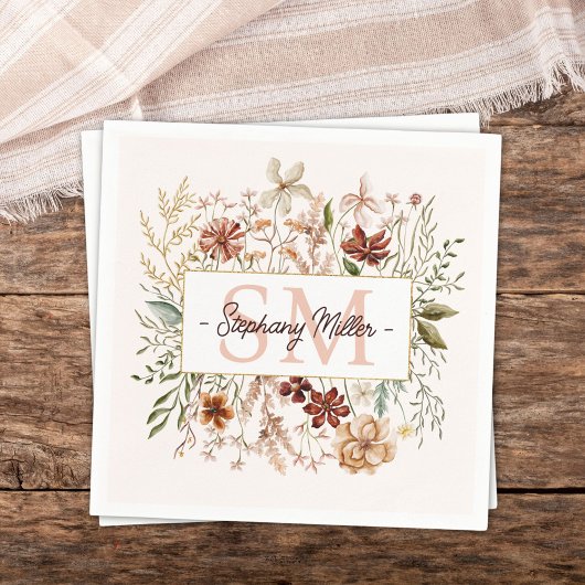 Elegant Monogram Watercolor Fall Wildflower Floral スタンダードカクテルナプキン