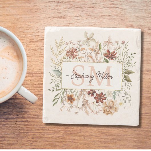 Elegant Monogram Watercolor Fall Wildflower Floral ストーンコースター