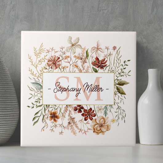 Elegant Monogram Watercolor Fall Wildflower Floral タイル