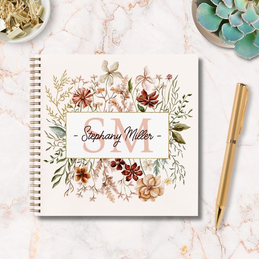 Elegant Monogram Watercolor Fall Wildflower Floral ノートブック