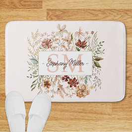 Elegant Monogram Watercolor Fall Wildflower Floral バスマット