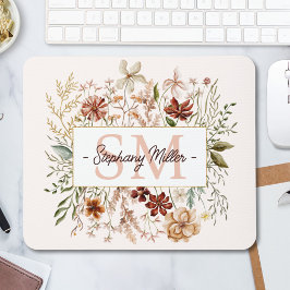 Elegant Monogram Watercolor Fall Wildflower Floral マウスパッド