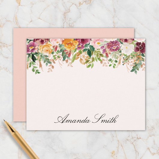 Elegant Monogram Watercolor Rose Flower Garden ノートカード