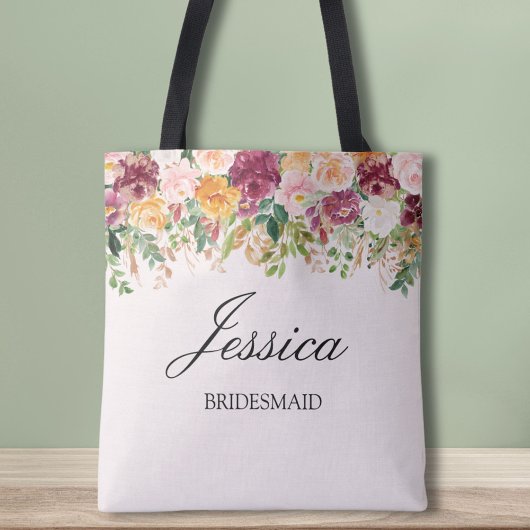 Elegant Monogram Watercolor Rose Garden Bridesmaid トートバッグ