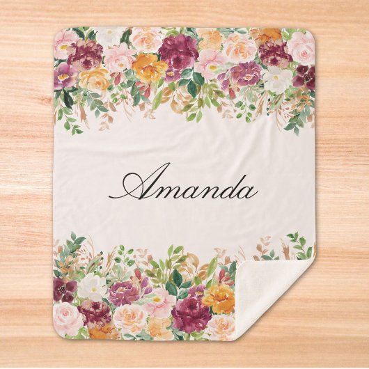 Elegant Monogram Watercolor Rose Garden Floral シェルパブランケット