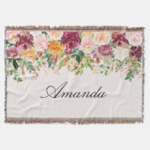 Elegant Monogram Watercolor Rose Garden Floral スローブランケット (正面)