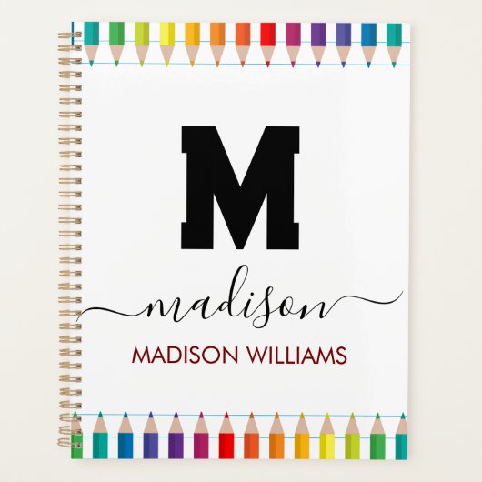 Elegant Monogram white black Script Office School プランナー手帳 (正面)