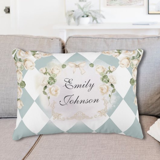 Elegant Monogram White Roses Green Leaves Diamond アクセントクッション