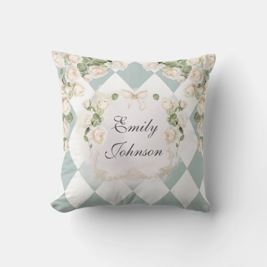Elegant Monogram White Roses Green Leaves Diamond クッション (正面)