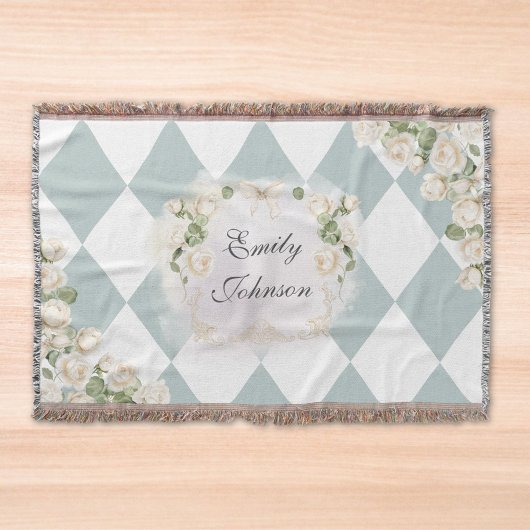 Elegant Monogram White Roses Green Leaves Diamond スローブランケット