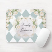 Elegant Monogram White Roses Green Leaves Diamond マウスパッド (マウス)