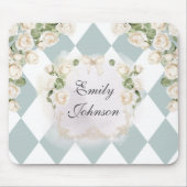Elegant Monogram White Roses Green Leaves Diamond マウスパッド (正面)