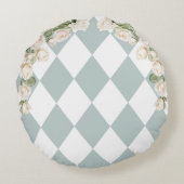 Elegant Monogram White Roses Green Leaves Diamond ラウンドクッション (裏面)