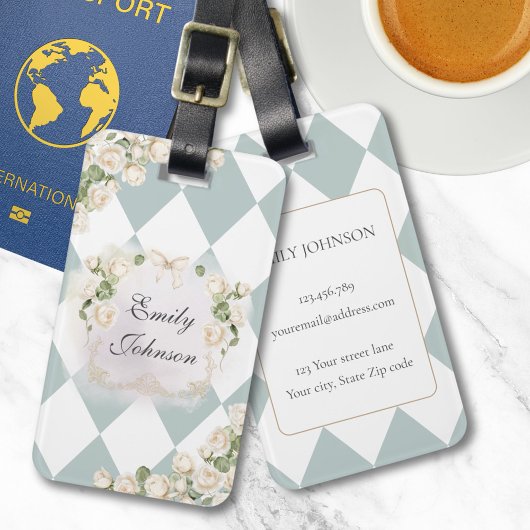 Elegant Monogram White Roses Green Leaves Diamond ラゲッジタグ