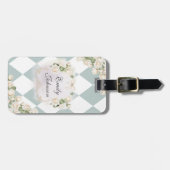 Elegant Monogram White Roses Green Leaves Diamond ラゲッジタグ (正面横)