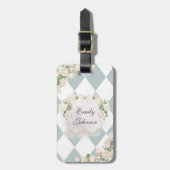 Elegant Monogram White Roses Green Leaves Diamond ラゲッジタグ (正面縦)