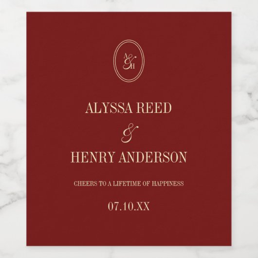 Elegant Monogram Wine Red "Cheers" Wedding ワインラベル (シングルラベル)