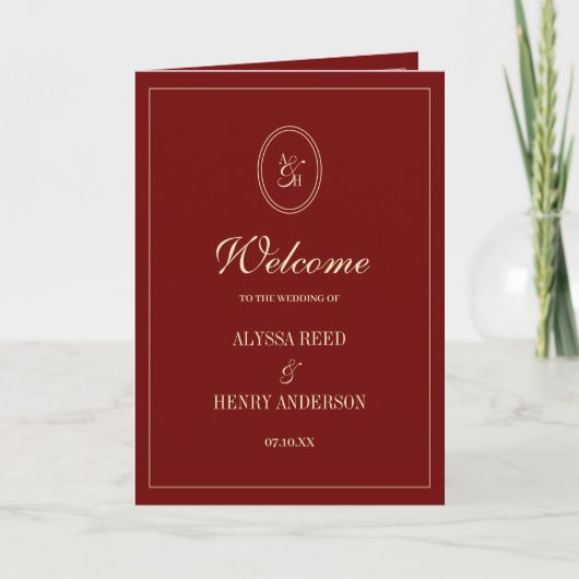 Elegant Monogram Wine Red Wedding Ceremony プログラム (正面)
