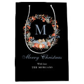 Elegant Monogram Wreath Chic Black Christmas ミディアムペーパーバッグ (正面)