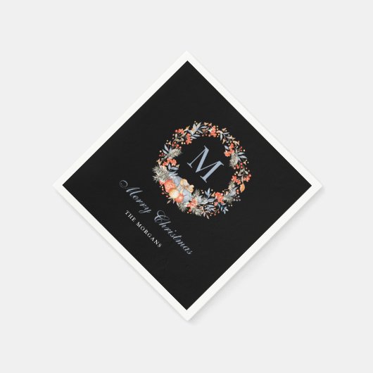 Elegant Monogram Wreath Chic Black Christmas Party スタンダードカクテルナプキン (角)