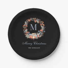 Elegant Monogram Wreath Chic Black Christmas Party ペーパープレート
